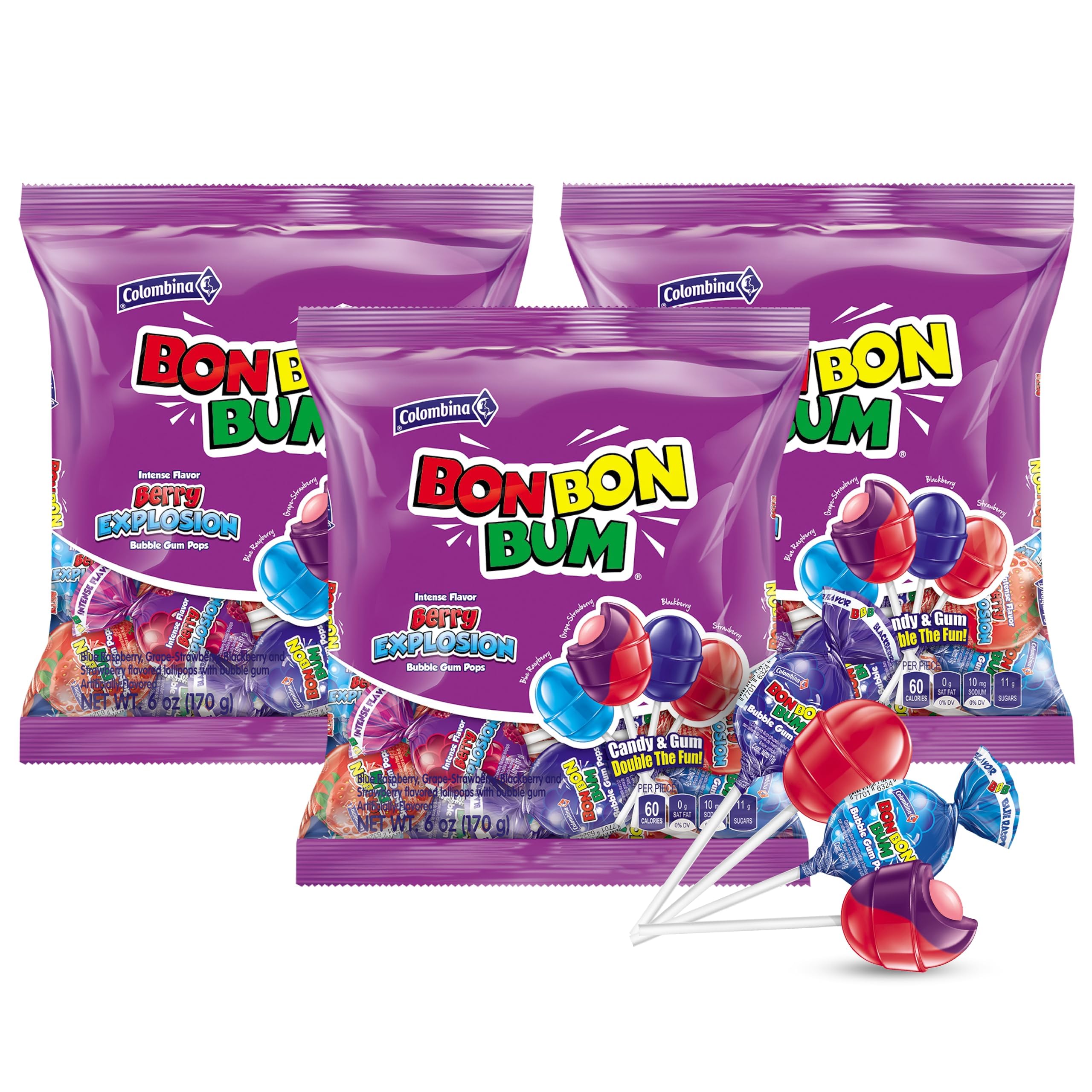 Colombina Bon Bon Bum Lollipops w/Bubble Gum Center, Berry Explosion Mix, Individually Wrapped, Ideal for Party Favors and Gifts, (Pack of 3)